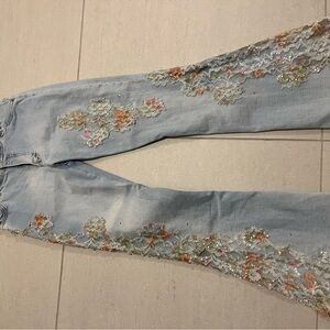 Light Blue Straight Leg Jeans with Floral Embroidery